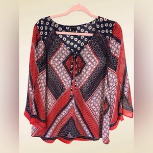 New Directions Geometric Daisy print blouse top Misses Sz S Boho Casual Business